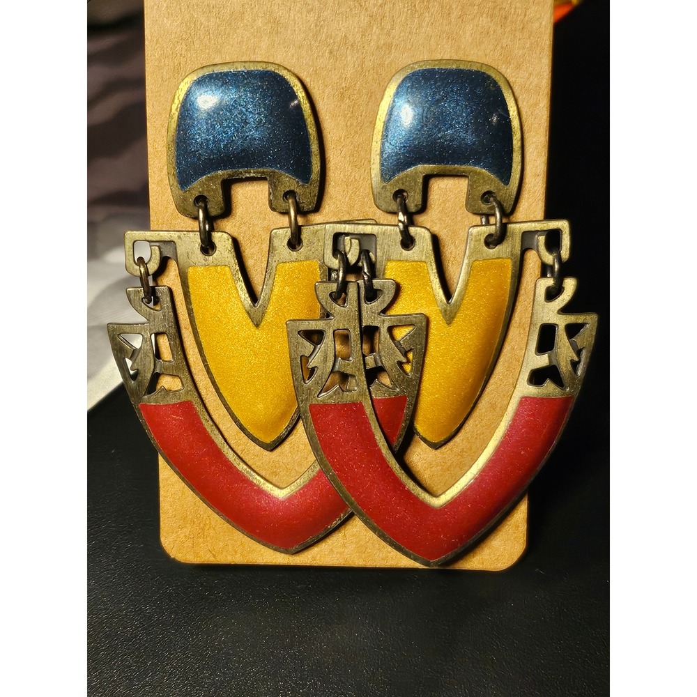 Vintage Art Deco Enamel Drop Earrings Geometric Tiered Navy Yellow Red Statement